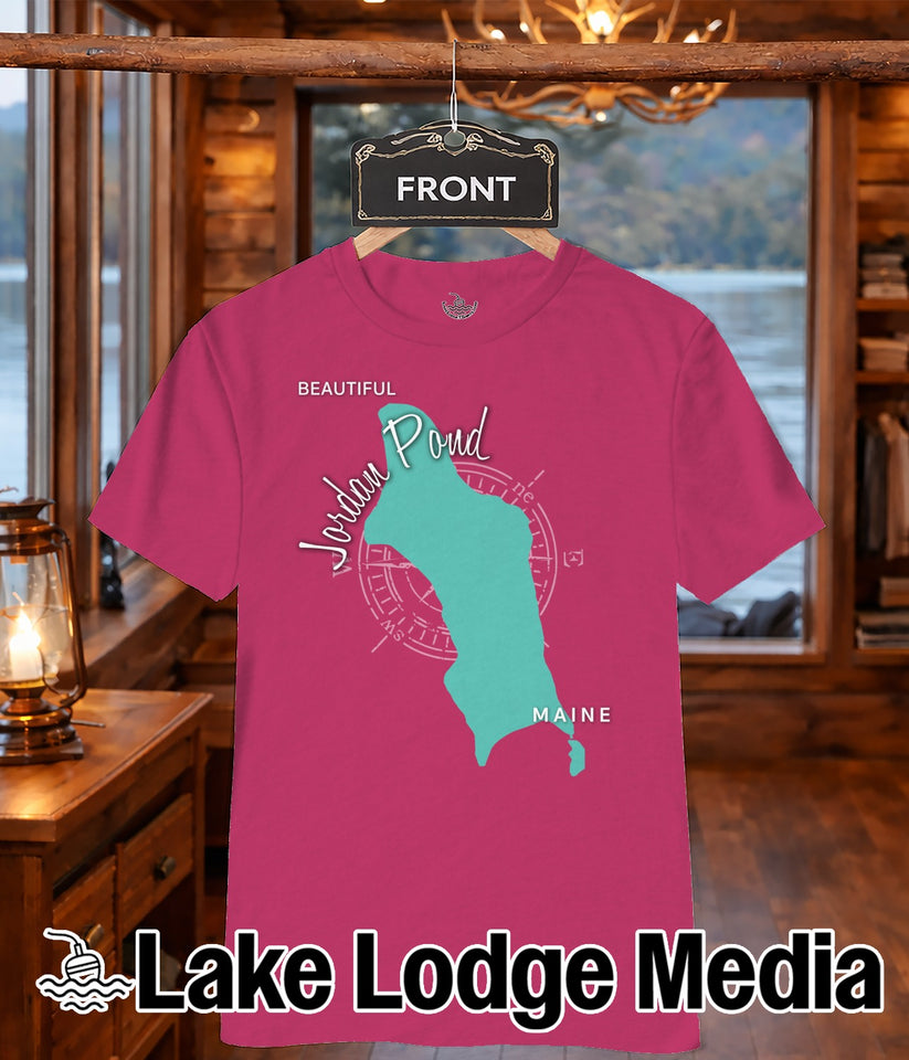 Pink t-shirt with a teal map outline of Maine and "Jordan Pond" text.