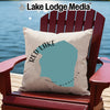 Pillow with Red Lake Minnesota map design on a red Adirondack chair.