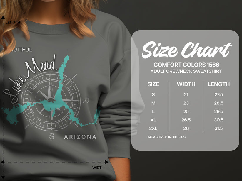 Lake Mead Arizona graphic on grey Comfort Colors sweatshirt size chart.