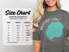 Comfort Colors 1717 heavyweight adult tee size chart with width and length measurements.