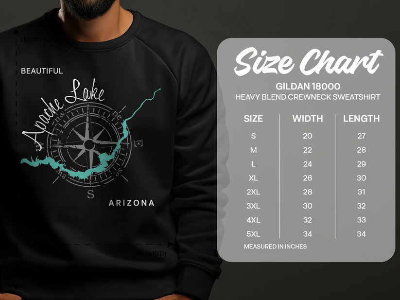 Black sweatshirt with Apache Lake map design and Gildan size chart.