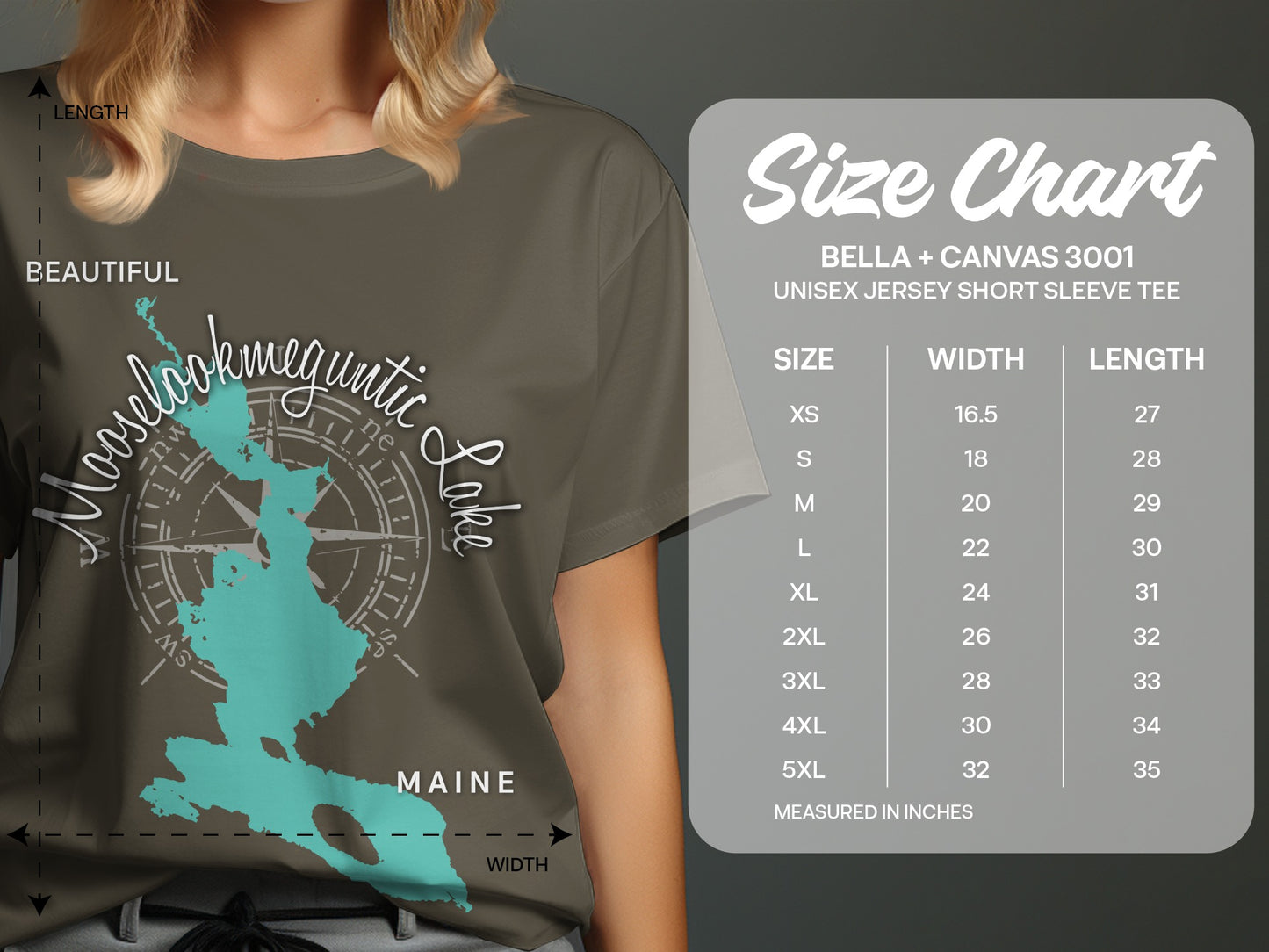 Woman wearing a t-shirt with a map of Mooselookmeguntic Lake, Maine.