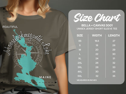 Woman wearing a t-shirt with a map of Mooselookmeguntic Lake, Maine.