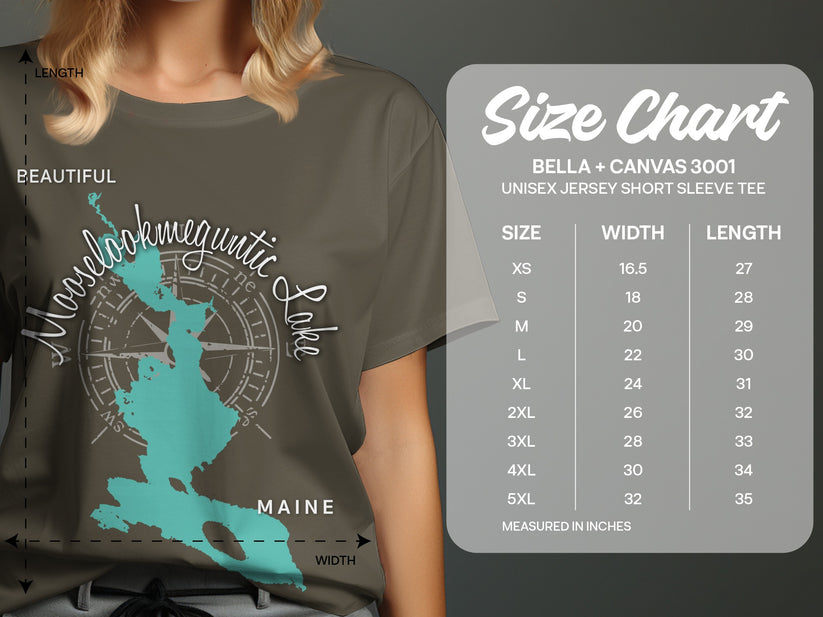 Woman wearing a t-shirt with a map of Mooselookmeguntic Lake, Maine.