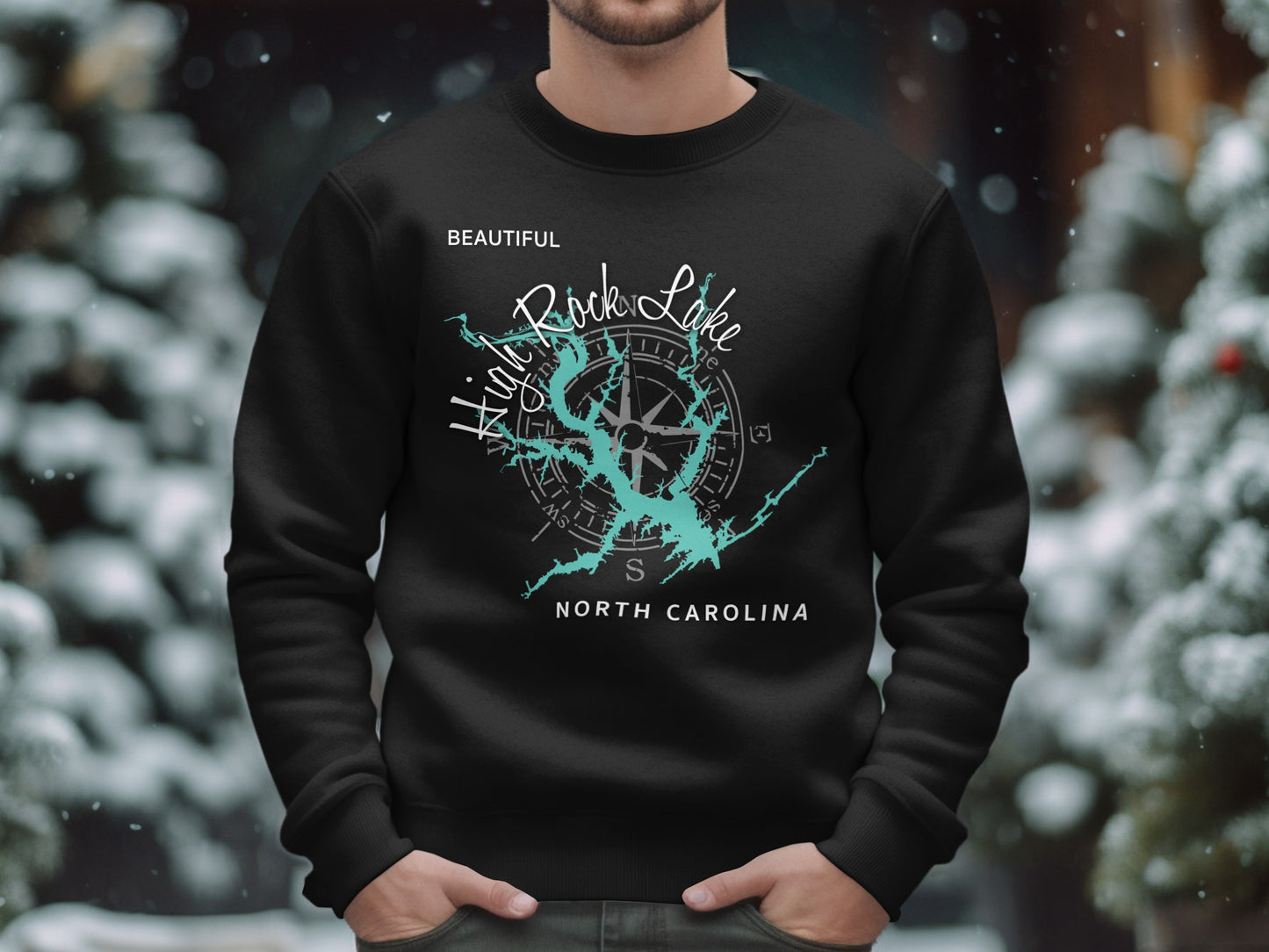 Black sweatshirt with teal map of High Rock Lake, North Carolina.