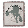 Woven blanket with Yellowstone Lake map outline, compass, and text.