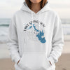 White hoodie with Lake Livingston Texas map design and compass graphic.
