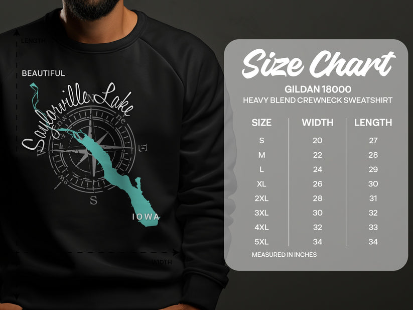 Sweatshirt with a map of Saylorville Lake, Iowa and a size chart.