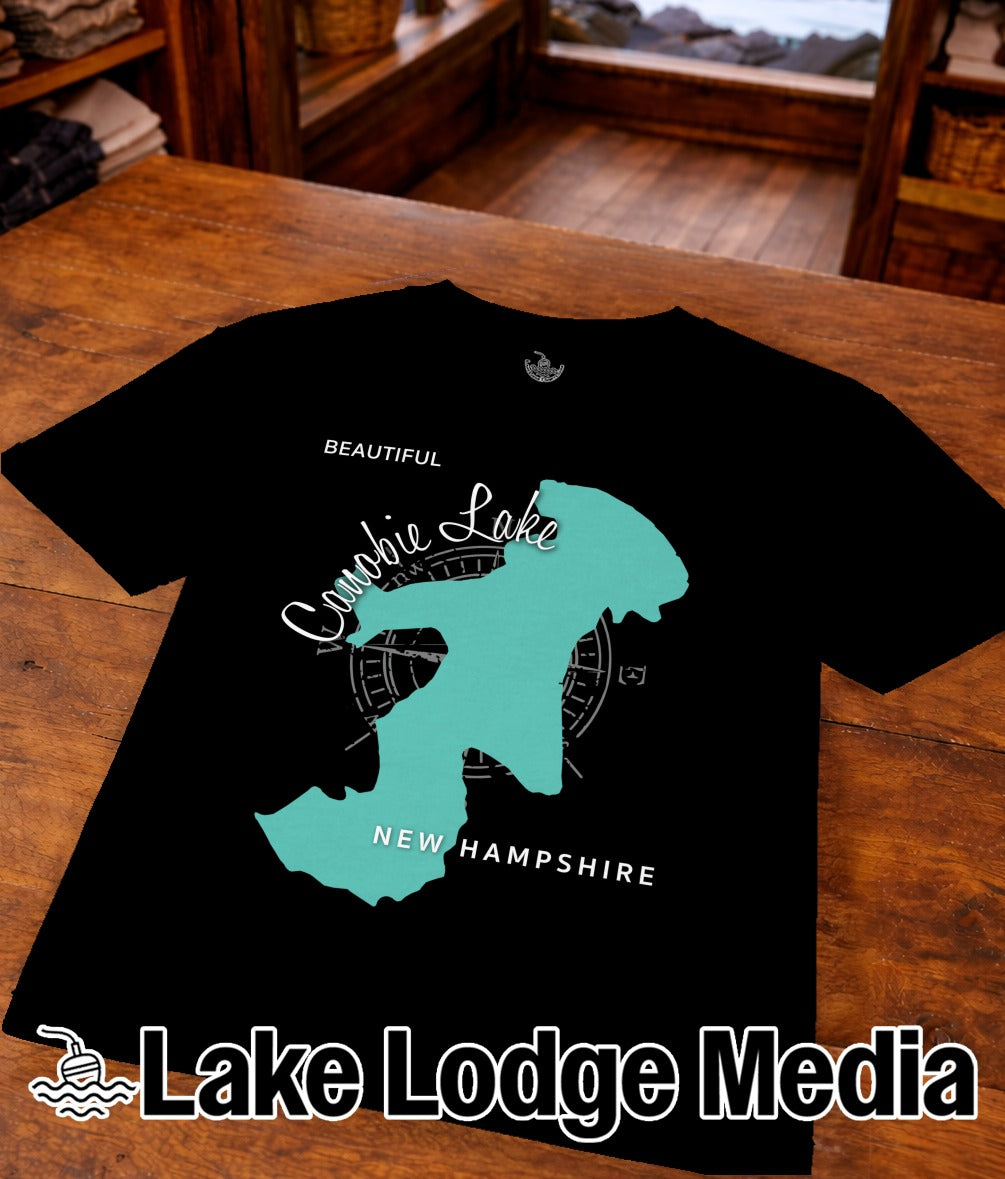 Black t-shirt with a teal outline of Lake Sunapee, New Hampshire.