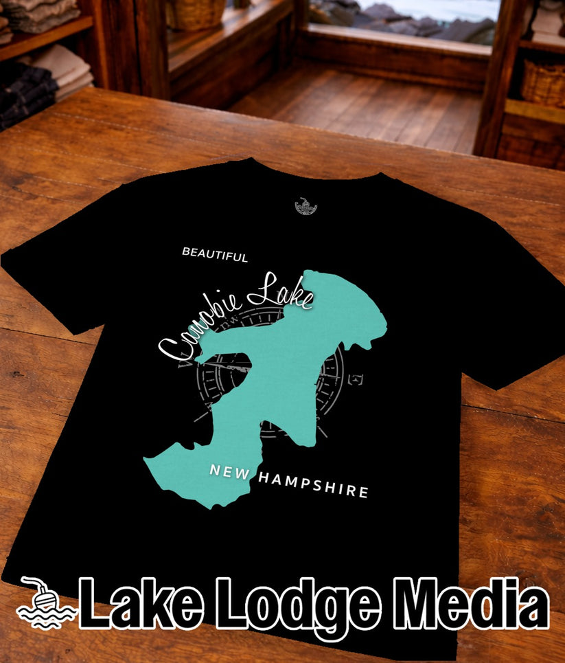 Black t-shirt with a teal outline of Lake Sunapee, New Hampshire.
