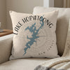 Light beige pillow with blue Lake Hopatcong map and compass design.