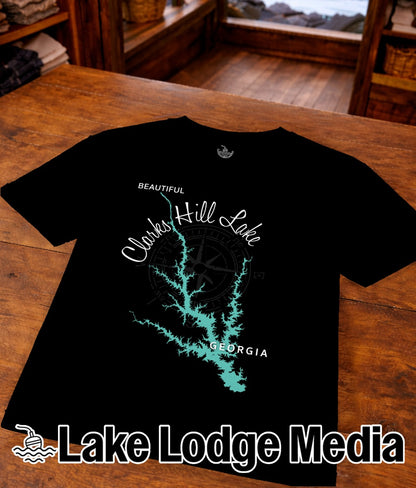 Black t-shirt with "Beautiful Clarks Hill Lake Georgia" and a map graphic.