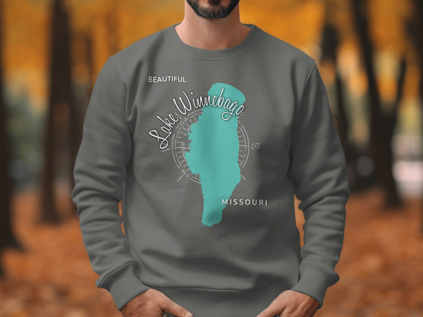 Sweatshirt with teal Lake Winnebago map and compass design.