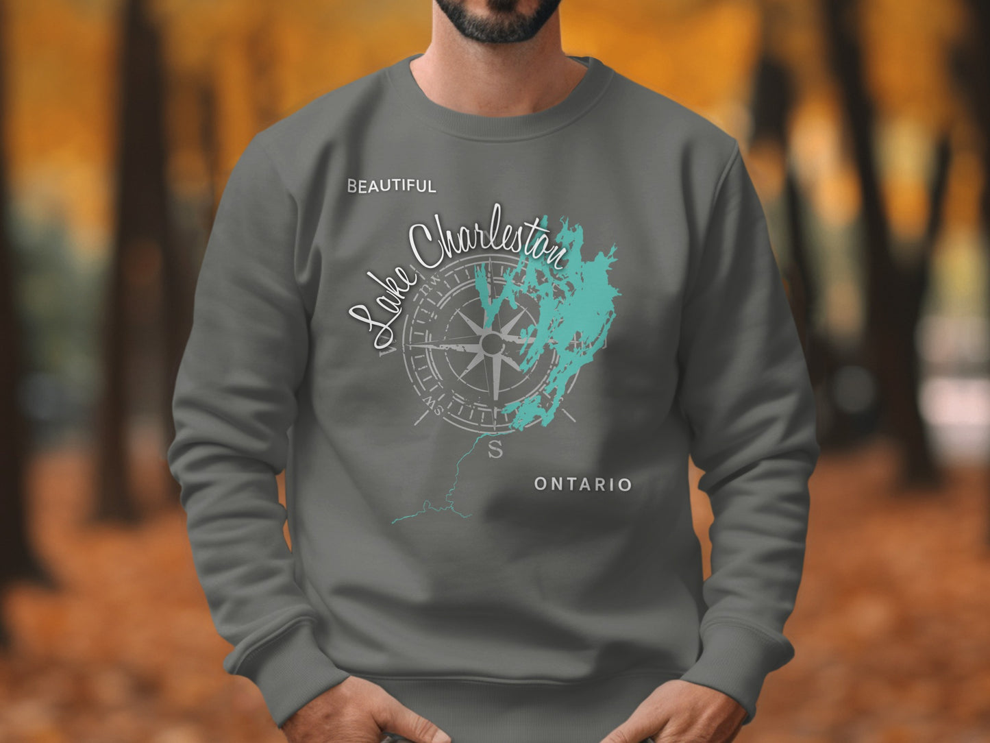 Gray sweatshirt with a compass rose and map of Lake Charleston, Ontario.