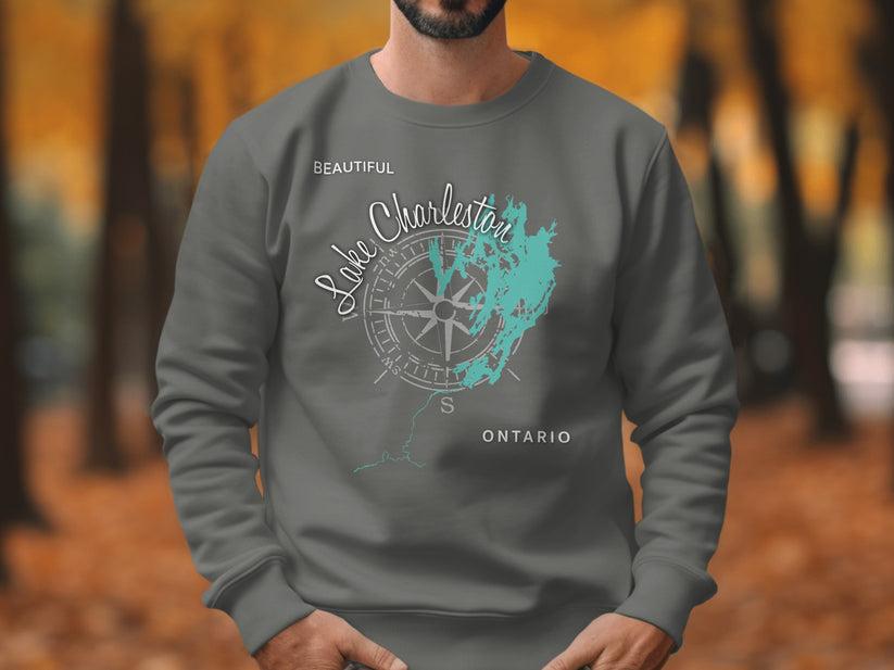 Gray sweatshirt with a compass rose and map of Lake Charleston, Ontario.