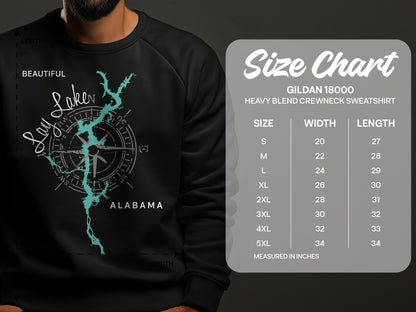 Black crewneck sweatshirt with "Beautiful Lay Lake ALABAMA" graphic and size chart.