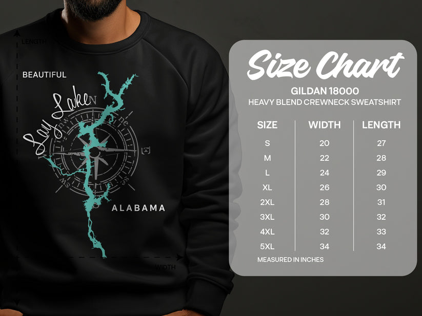 Black crewneck sweatshirt with "Beautiful Lay Lake ALABAMA" graphic and size chart.