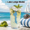 Glass with Lake Dunmore map, limes, mint, and Lake Lodge Media logo.