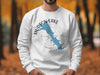 White sweatshirt with Hudson Lake Oklahoma map and compass graphic.
