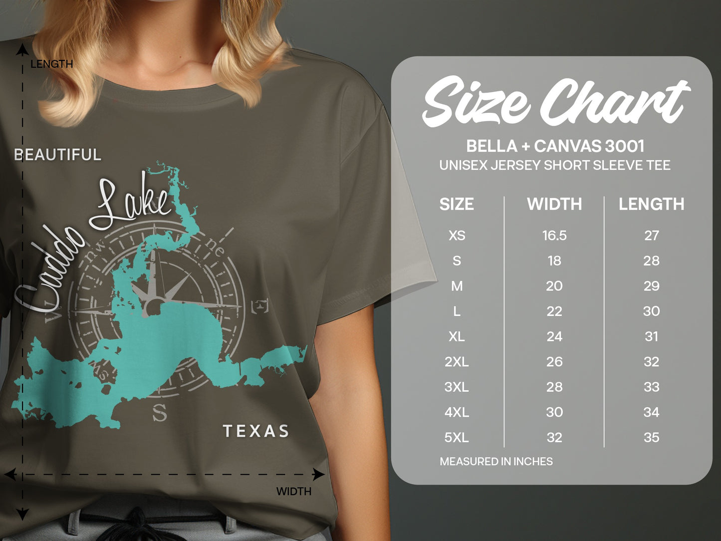 Olive green t-shirt with "Beautiful Lake Caddo Texas" map graphic and size chart.