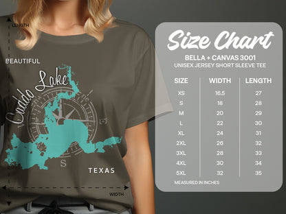 Olive green t-shirt with "Beautiful Lake Caddo Texas" map graphic and size chart.