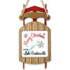 Christmas ornament shaped like a red and wood sled with text.