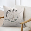Pillow with Apache Lake map and compass rose design, located in Arizona.