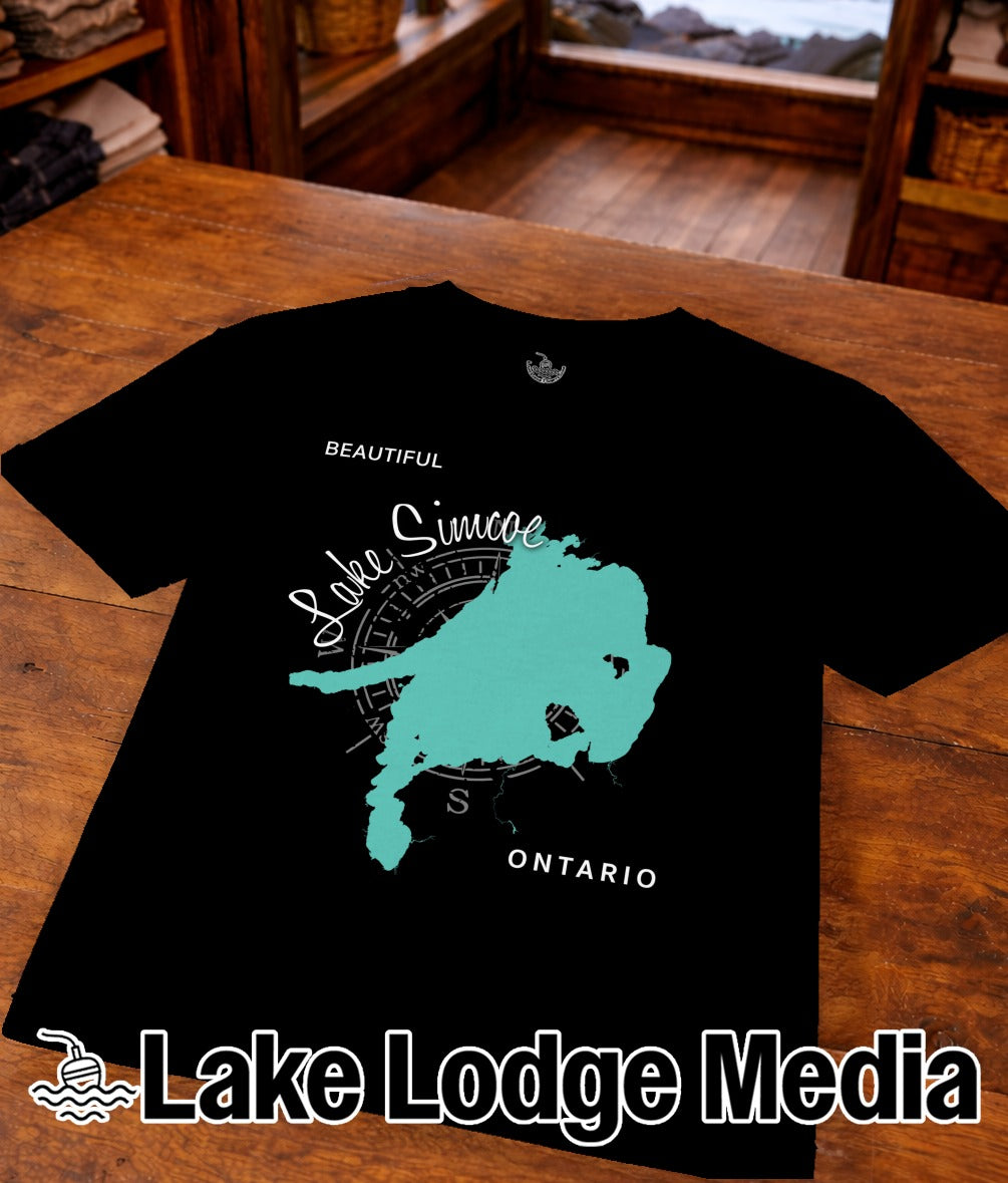 Black t-shirt with teal Lake Simcoe map and "Lake Lodge Media" logo.