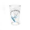 Glass with New Melones Lake map, compass, and California text.