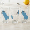 Three clear glasses with blue map of Cain Lake, Washington, and compass design.