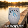 A white stainless steel wine tumbler with Lake Glenville, North Carolina map graphic sits on a wooden dock.