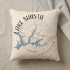 Light cream pillow with a blue map of Lake Shasta, California and a compass rose.