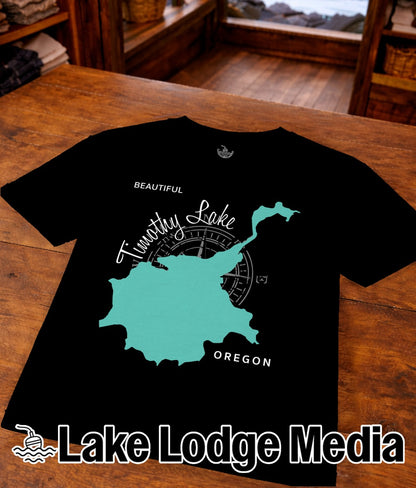 Black t-shirt with turquoise outline of Timothy Lake, Oregon and compass design.