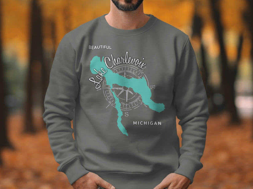 Dark gray sweatshirt with "Beautiful Charlevoix Michigan" and compass design.