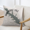 Waurika Lake Oklahoma map design on a pillow with compass rose graphic.