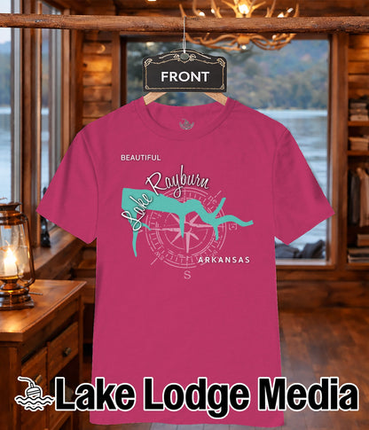 Pink t-shirt featuring a compass rose and "Lake Rayburn Arkansas" design.
