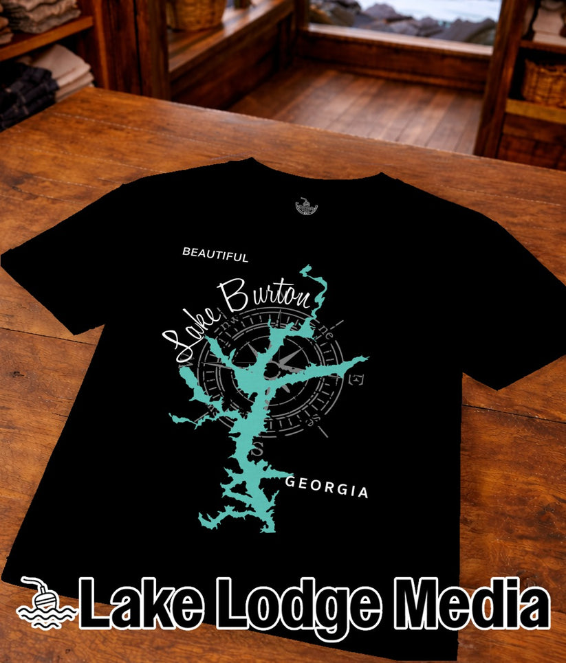 Black t-shirt with turquoise Lake Burton map and compass graphic.
