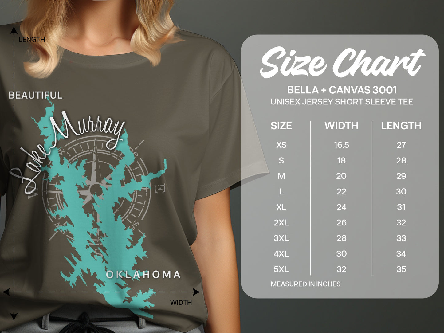 Size chart for Bella + Canvas 3001 unisex t-shirt with Murray Lake Oklahoma graphic.