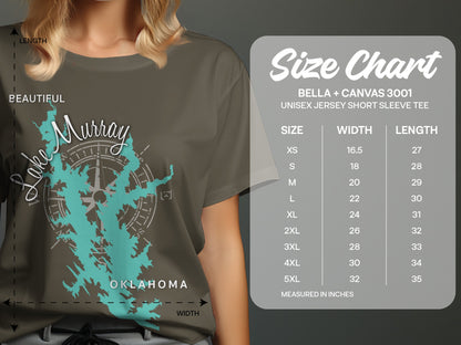 Size chart for Bella + Canvas 3001 unisex t-shirt with Murray Lake Oklahoma graphic.