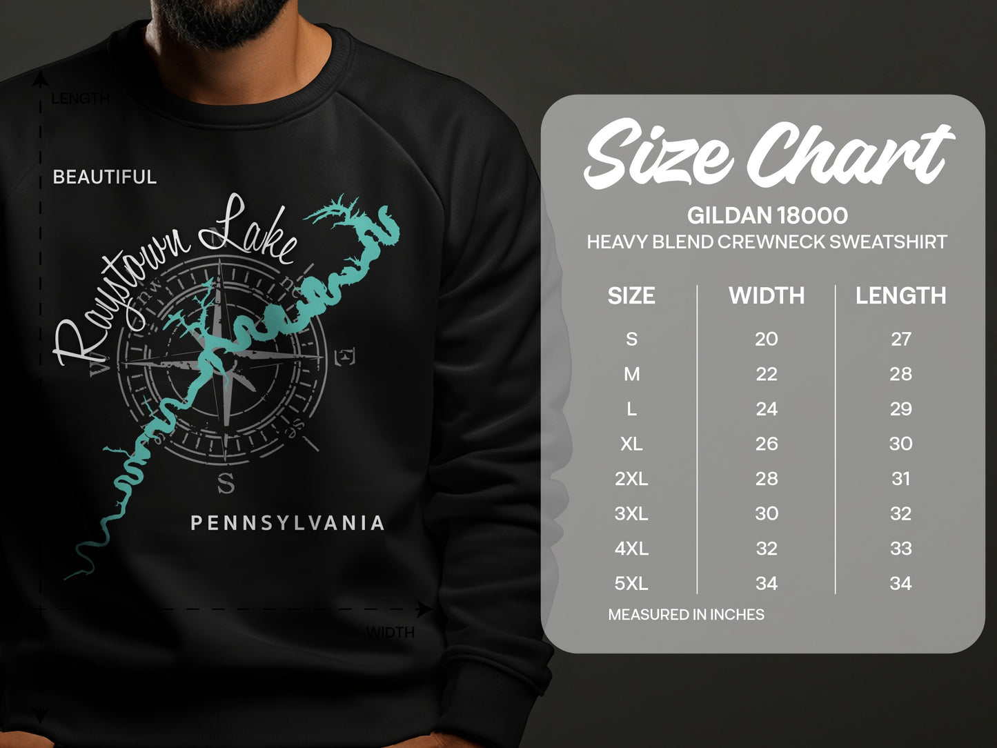 Crewneck sweatshirt size chart for Raystown Lake Pennsylvania design.