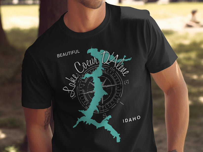 Black t-shirt with turquoise map of Lake Coeur d'Alene, Idaho and compass rose.