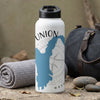 White water bottle with blue map design and compass graphic, labeled "Union, Wash."