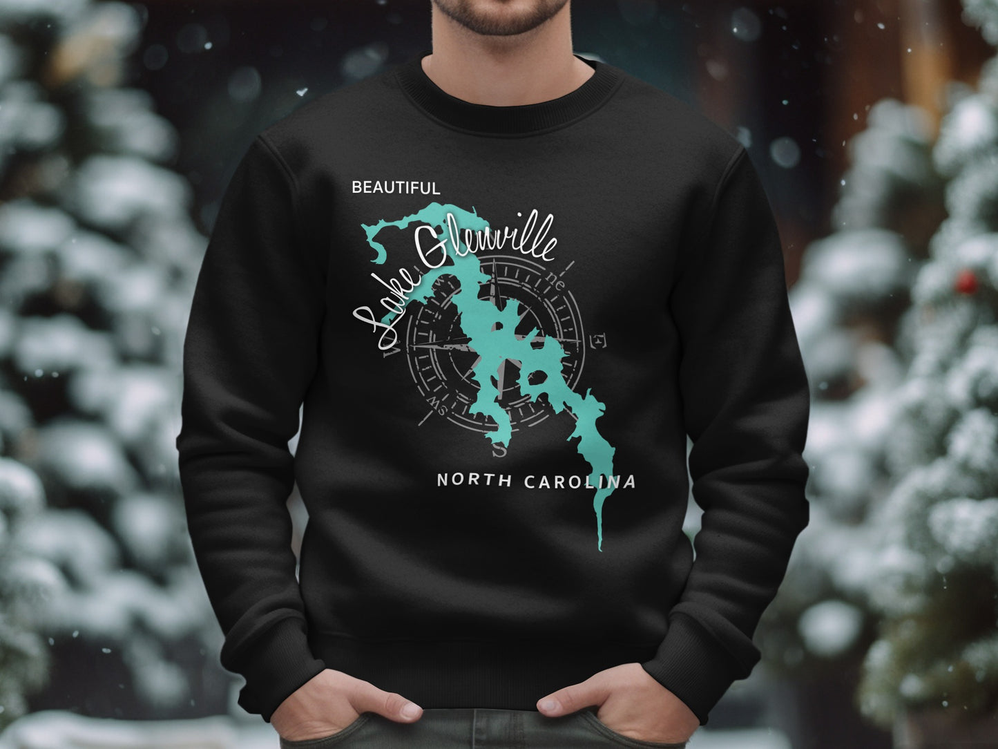 Black sweatshirt with Lake Glenville, North Carolina map design.