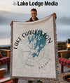 Woven blanket with Lake Charleston Ontario map and compass design.