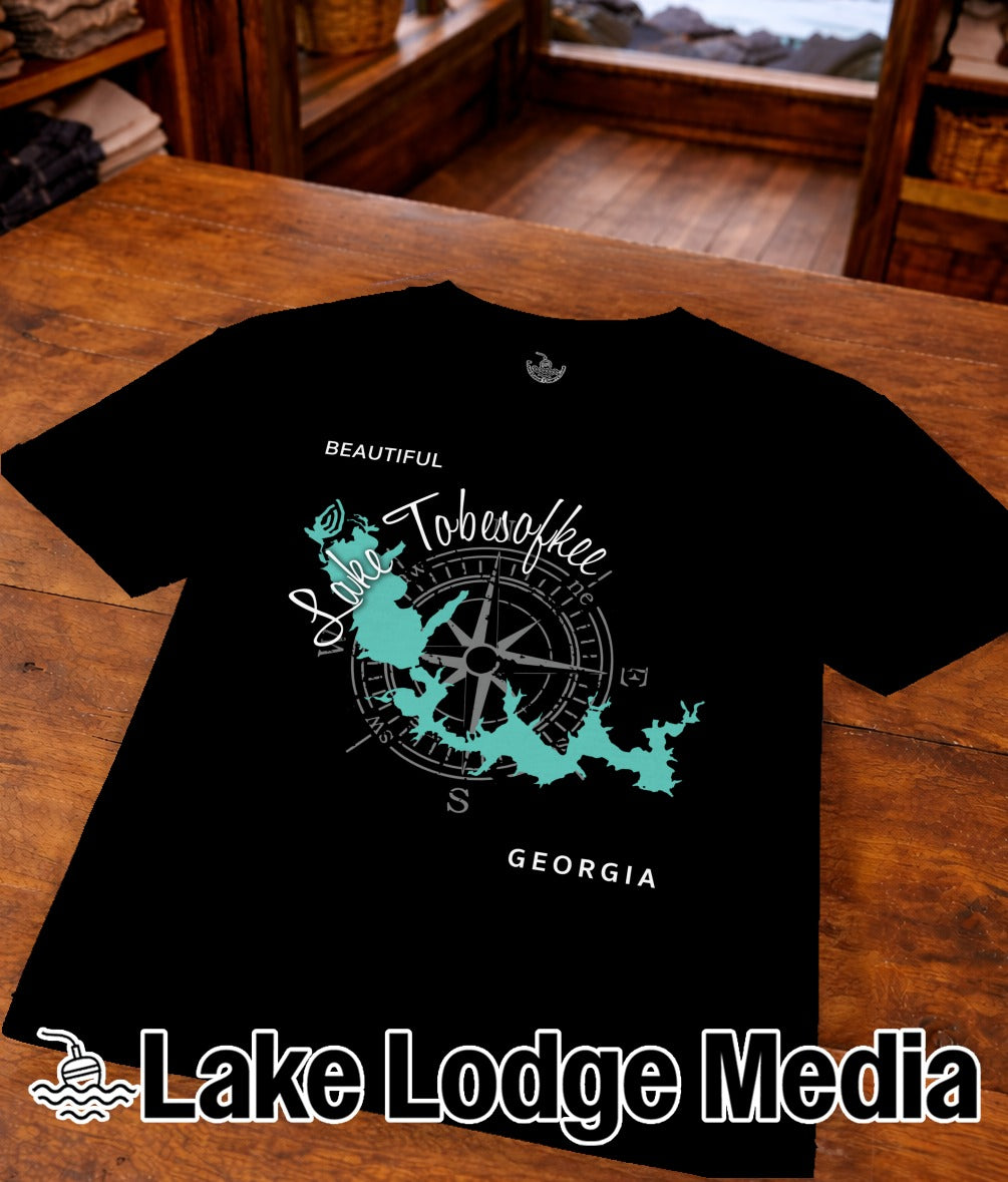 Black t-shirt with "Lake Tobesofkee Georgia" text and compass design.
