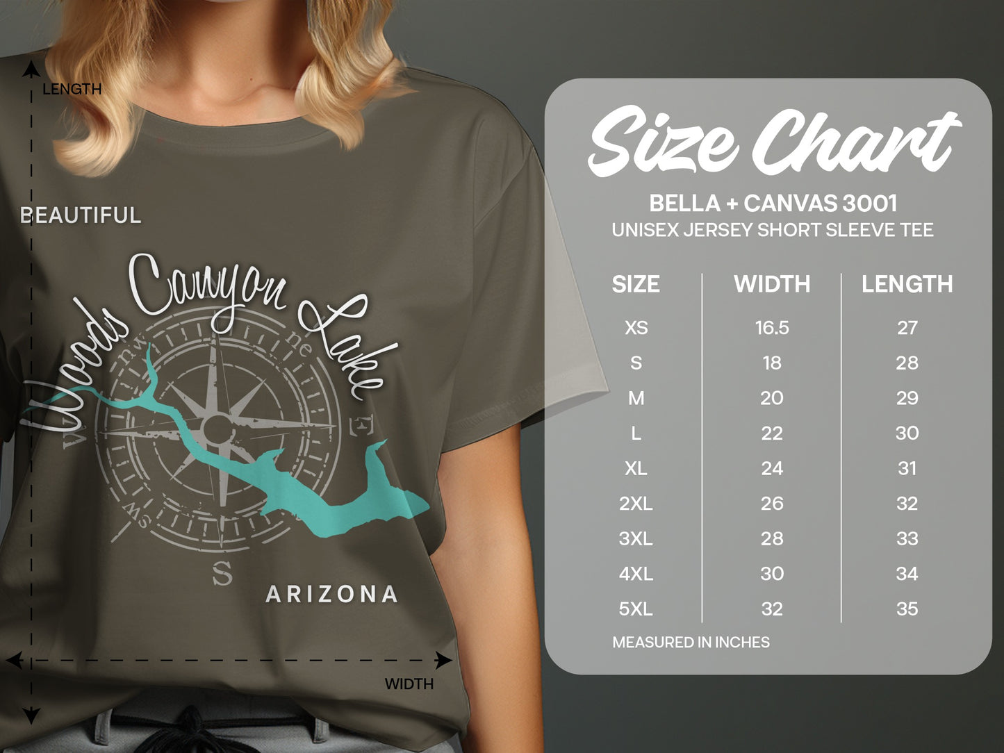 T-shirt size chart with "Woods Canyon Lake Arizona" graphic and measurements.