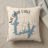 Pillow with Medina Lake map, compass, and "Texas" text.