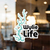 Wylie Life sticker with turquoise lake outline and black text on white background.