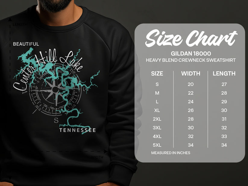 Gildan 18000 sweatshirt size chart for heavy blend crewneck.