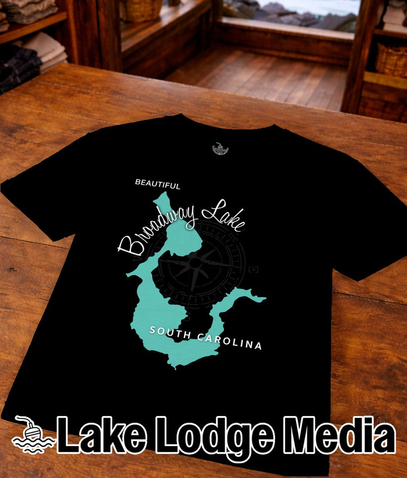 Black t-shirt with "Broadway Lake South Carolina" and compass design.